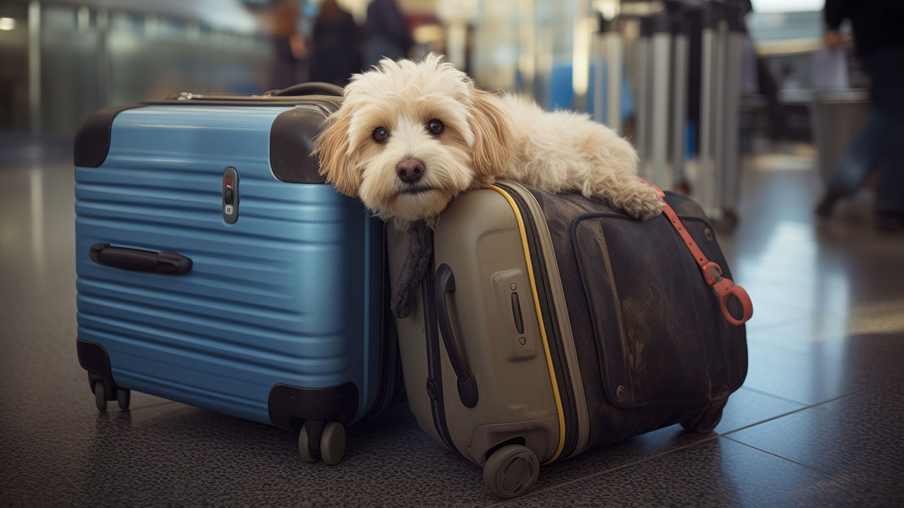 reglamento viajeros UE - perro y maletas en un aeropuerto